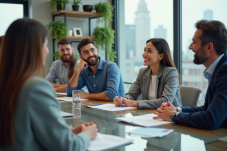 Groupe de professionnels en réunion dans un bureau moderne