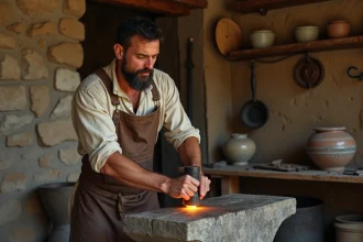 Artisan forgeron dans un atelier antique grec inspiré d'Héphaïstos, martelant du métal sur une enclume en pierre