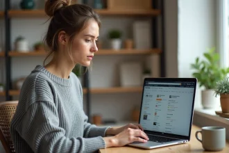 Femme consultant son historique de commandes Amazon sur un ordinateur portable dans un bureau à domicile