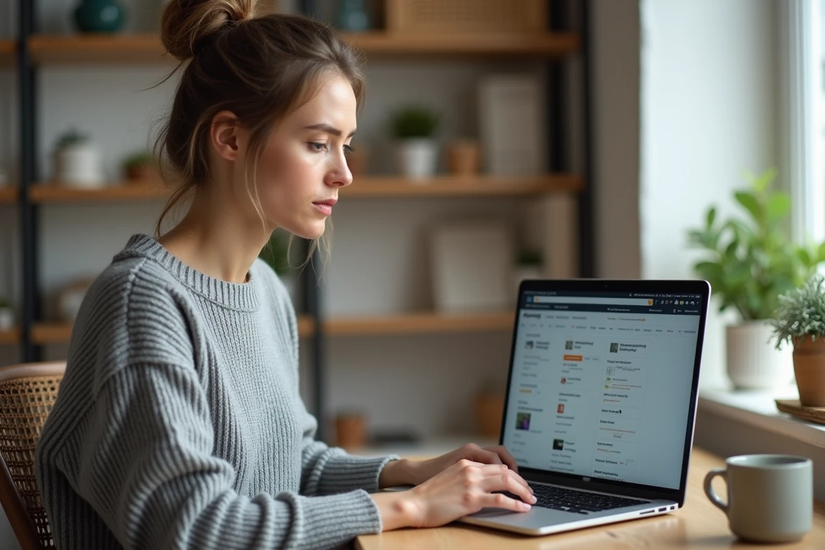 Femme consultant son historique de commandes Amazon sur un ordinateur portable dans un bureau à domicile