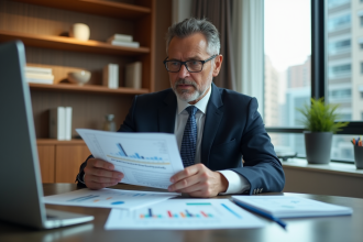 Homme d'affaires en réunion analysant des rapports financiers