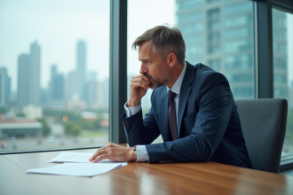 Homme d'affaires en costume bleu examine des documents financiers