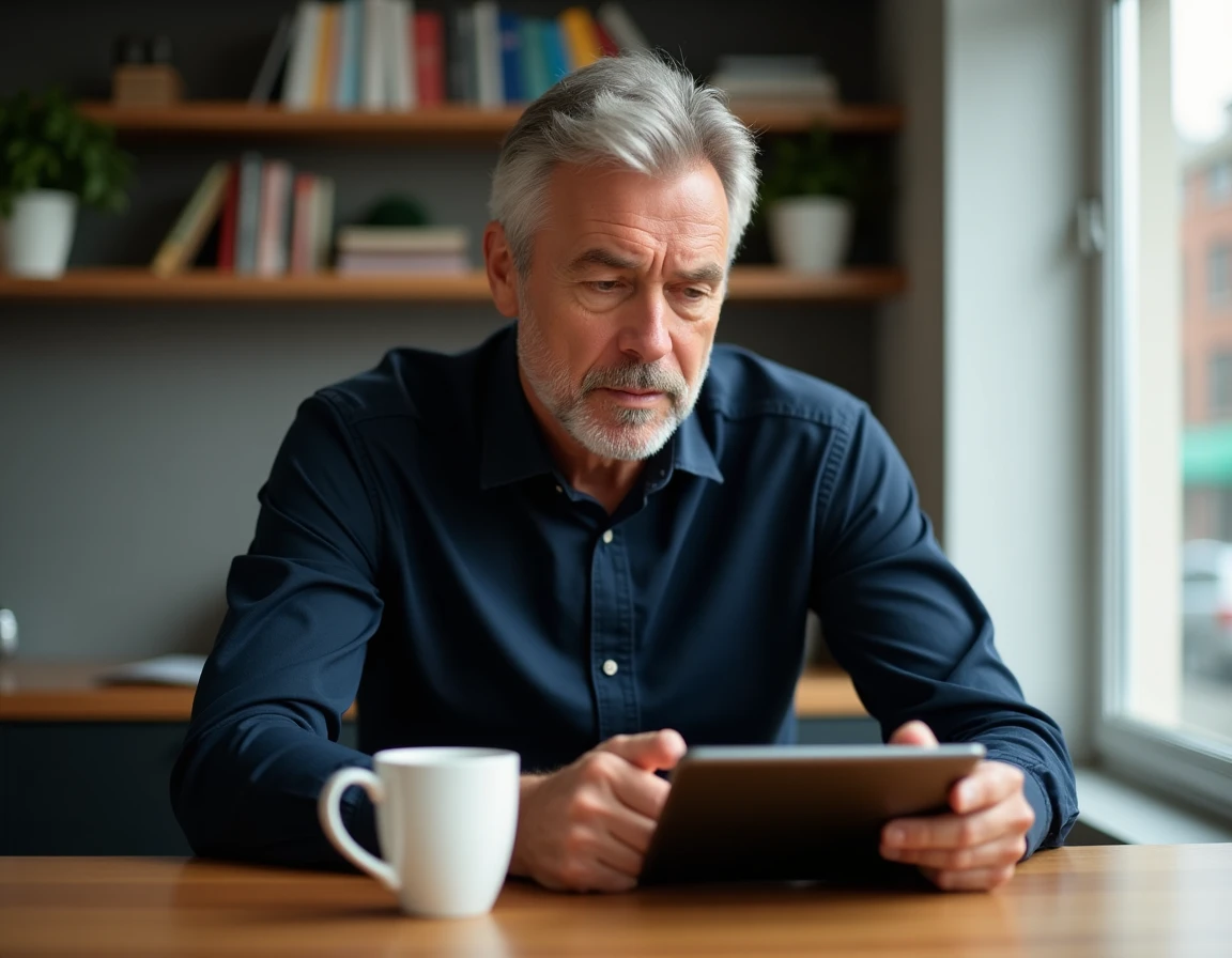 Homme consultant des alertes médias sur une tablette dans un espace de travail à domicile cosy