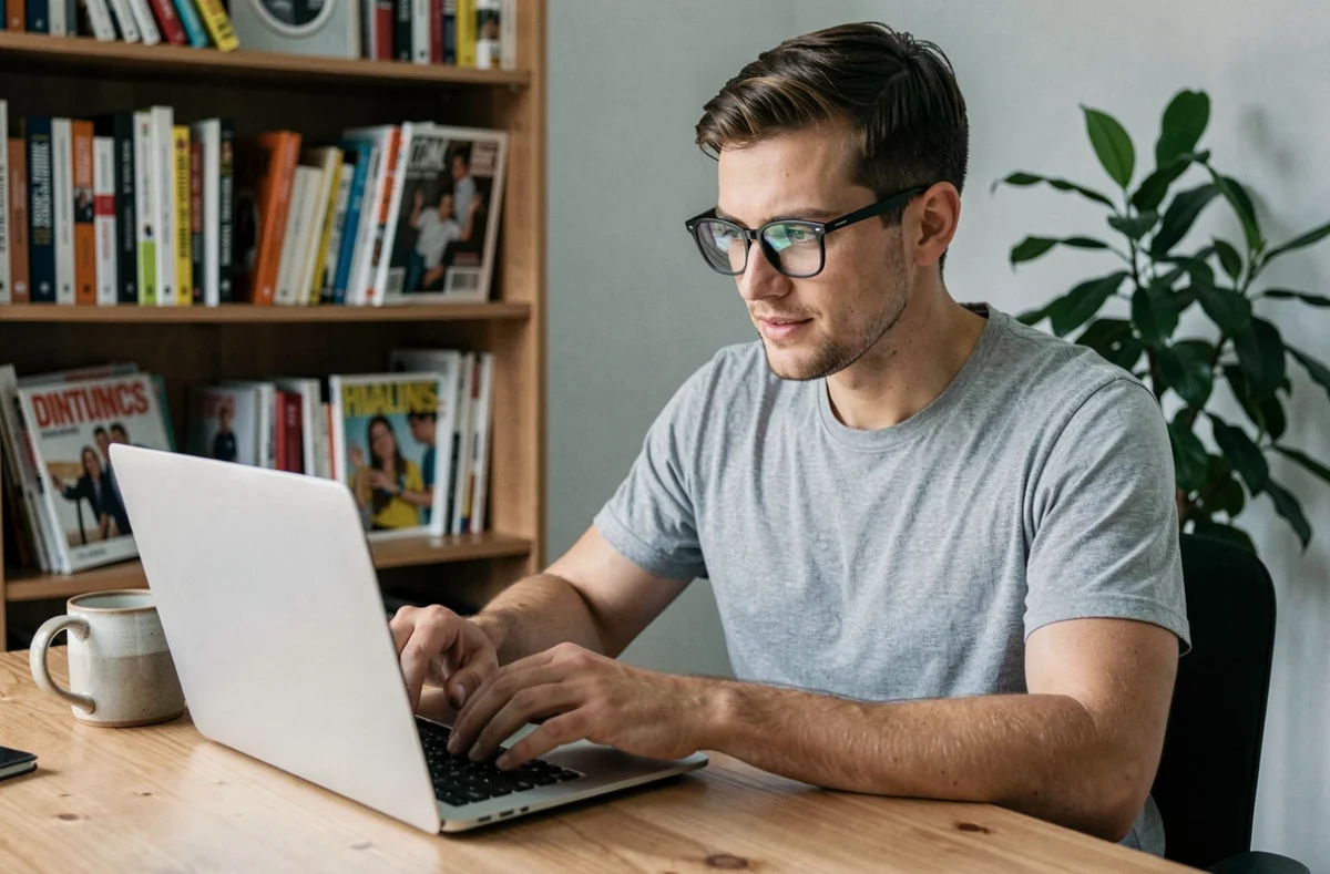 Homme cherchant une alternative numérique à un magazine épuisé sur son ordinateur portable