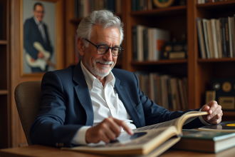 Homme d'âge mûr en costume navy dans un bureau vintage