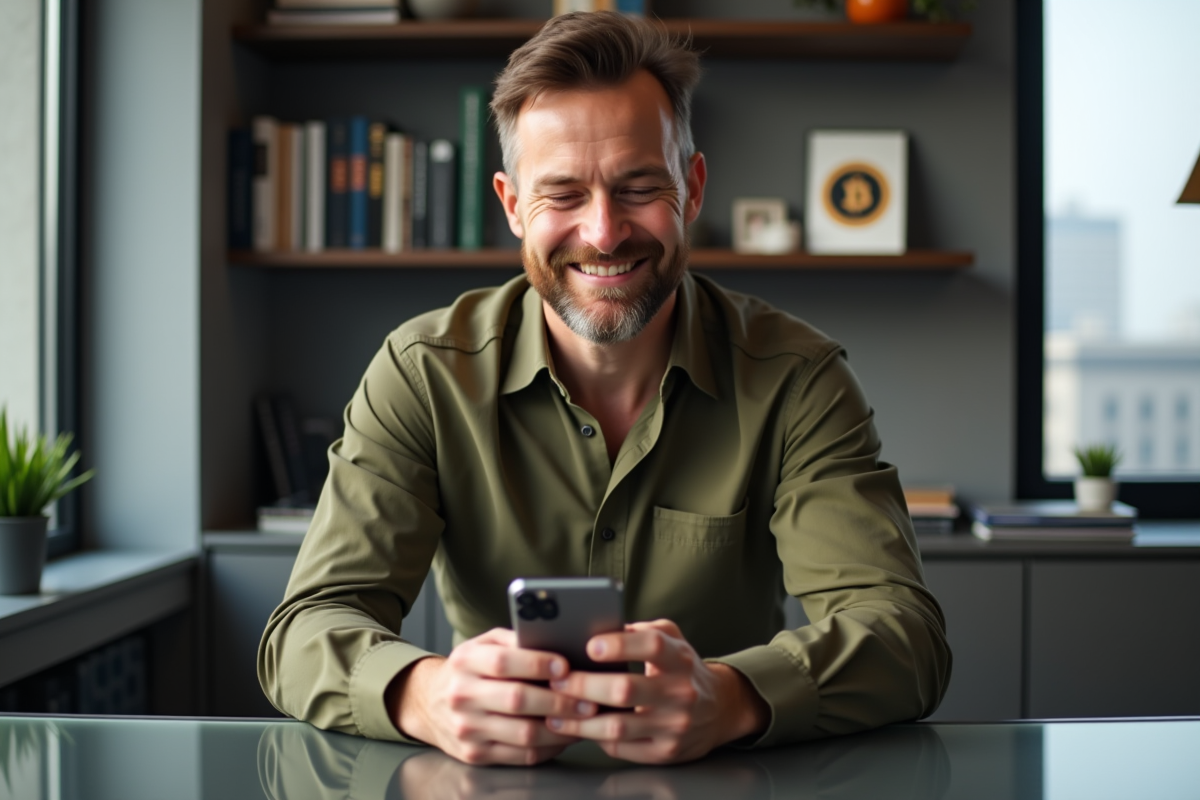 Homme souriant vérifiant son application bancaire sur smartphone dans un bureau