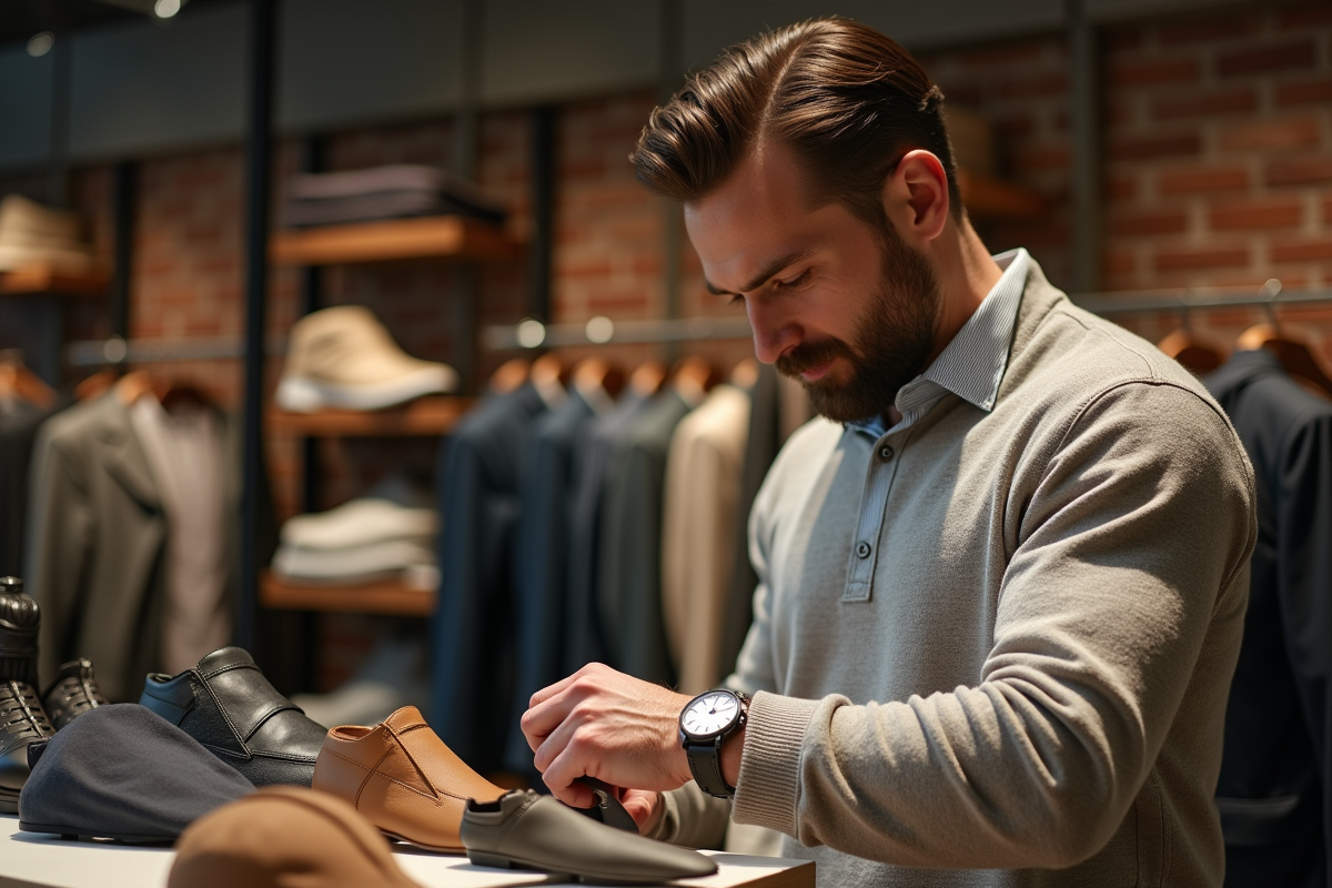 Jeune homme choisissant accessoires dans boutique urbaine