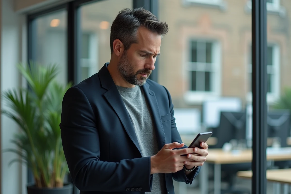 Homme en bureau vérifiant l'orthographe d'un message sur son smartphone, expression interrogative