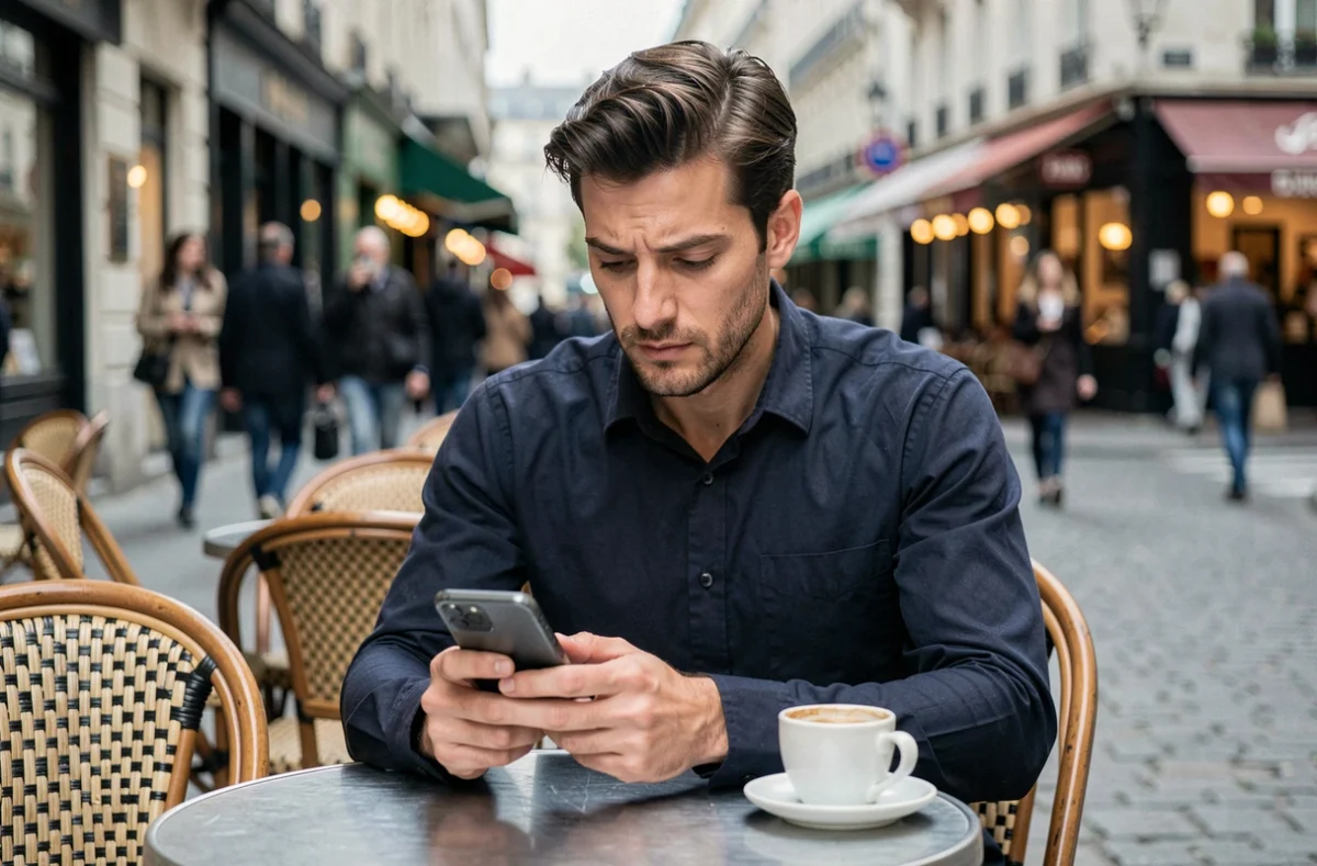 Homme en terrasse de café rédigeant une réponse à un message sur son téléphone portable