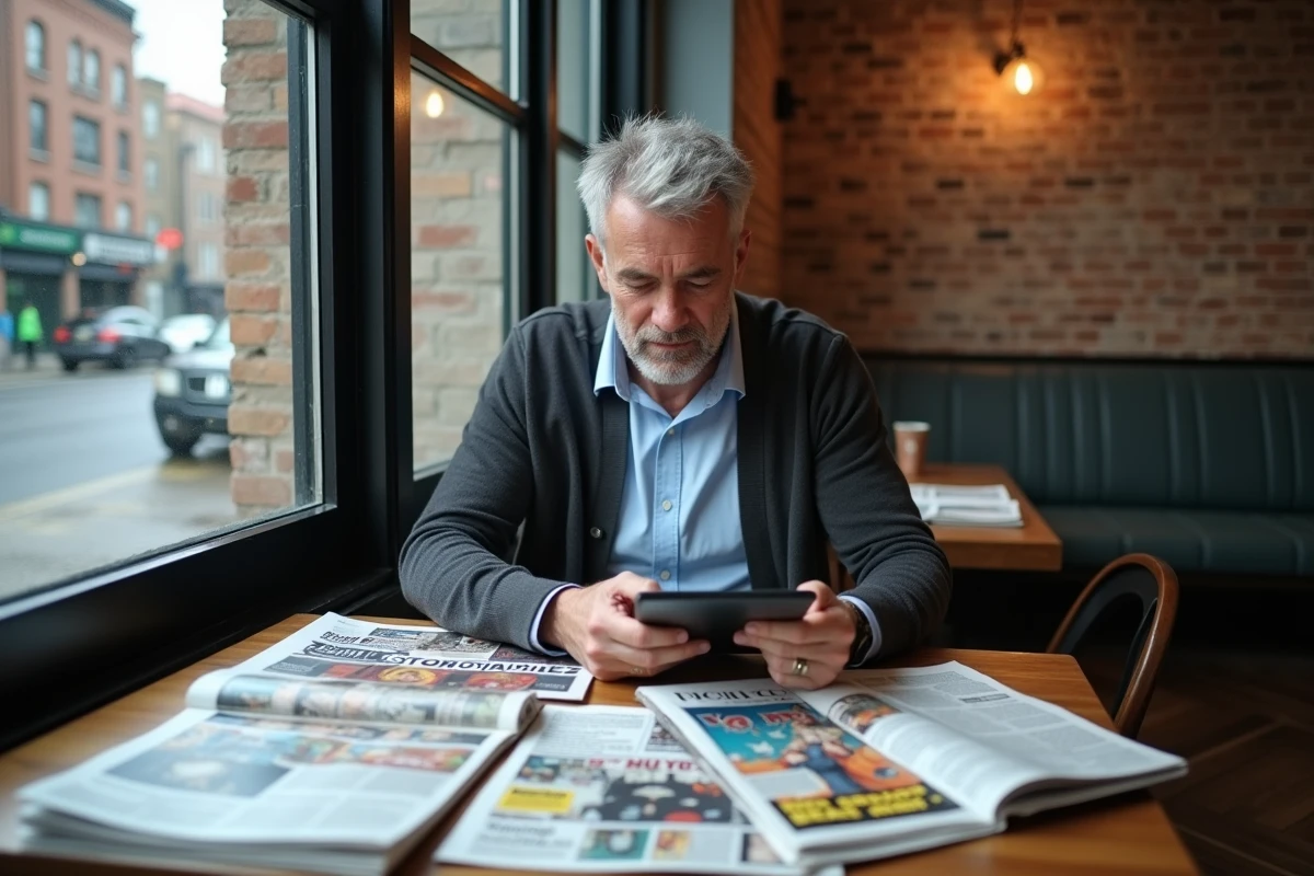 Homme lisant des magazines dans un café urbain