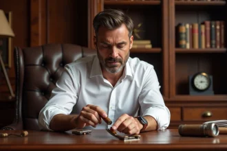 Homme d'âge moyen examine un coupe-cigare dans un bureau élégant