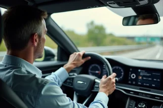 Homme d'âge moyen dans une voiture hybride moderne