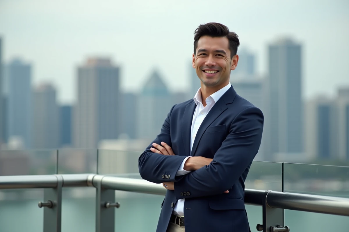 Homme confiant en veste sur un toit urbain en ville