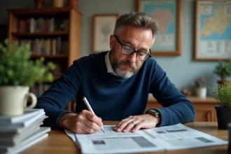 Homme d'âge moyen remplissant un mots croises suisse