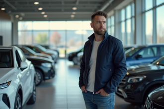 Homme en veste navy dans un showroom de voitures modernes