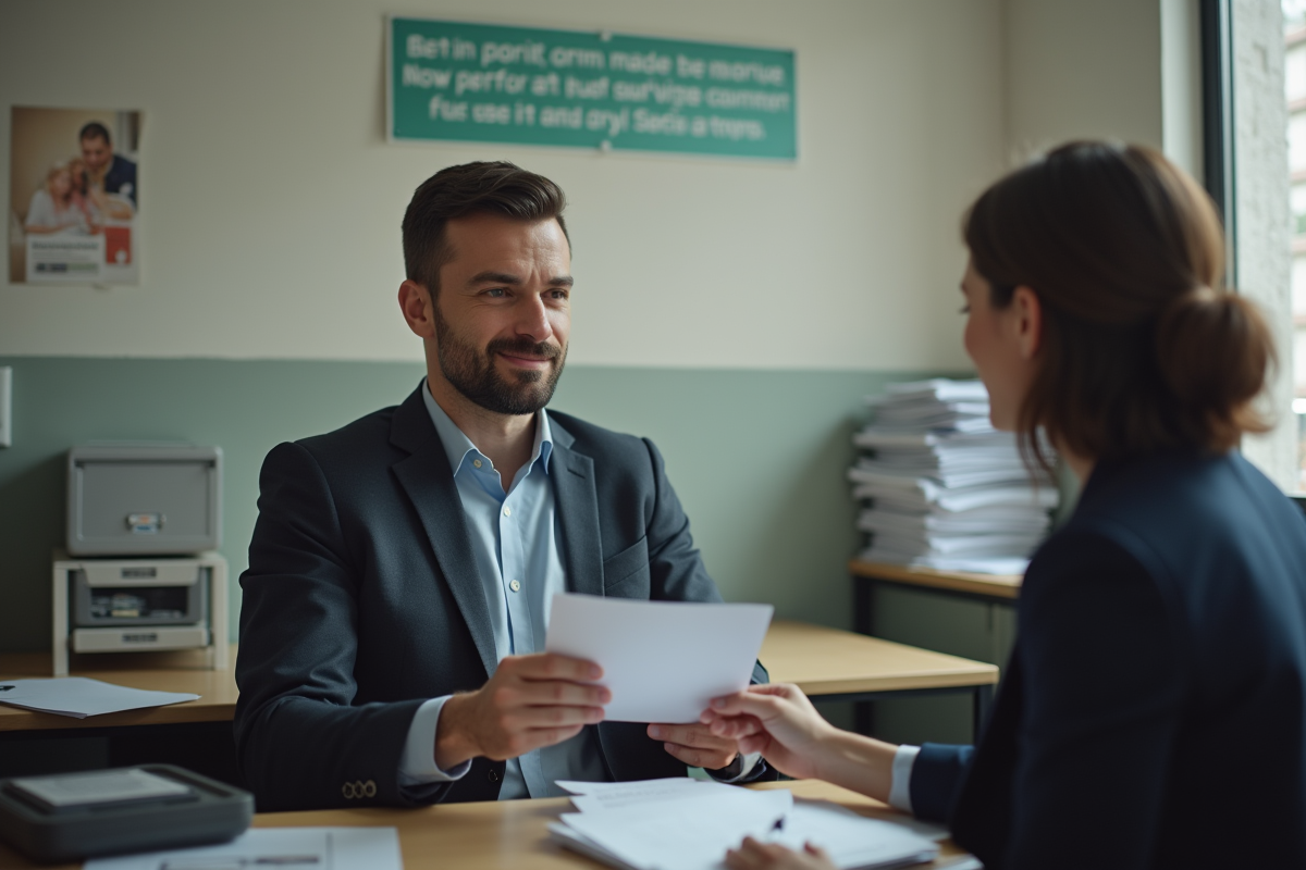 Homme en costume remettant un dossier dans un bureau administratif