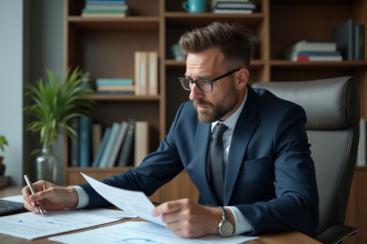 Homme d'âge moyen en costume navy examine des rapports financiers