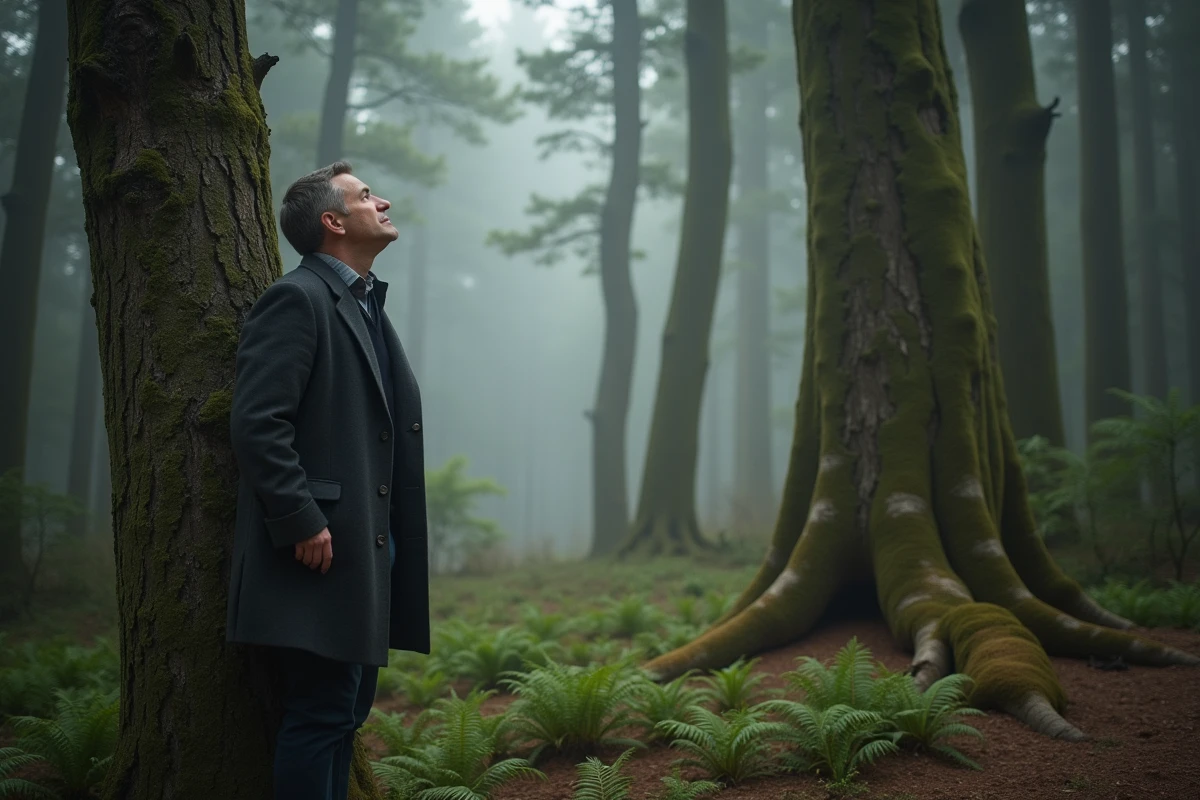 Homme dans une forêt brumeuse regardant le ciel, symbolisant la guidance spirituelle et les signes de l'univers