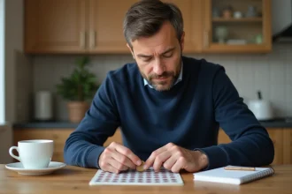 Homme adulte grattant un ticket FDJ à gratter sur une table en bois avec un carnet de notes et un café, stratégie de jeu réfléchie