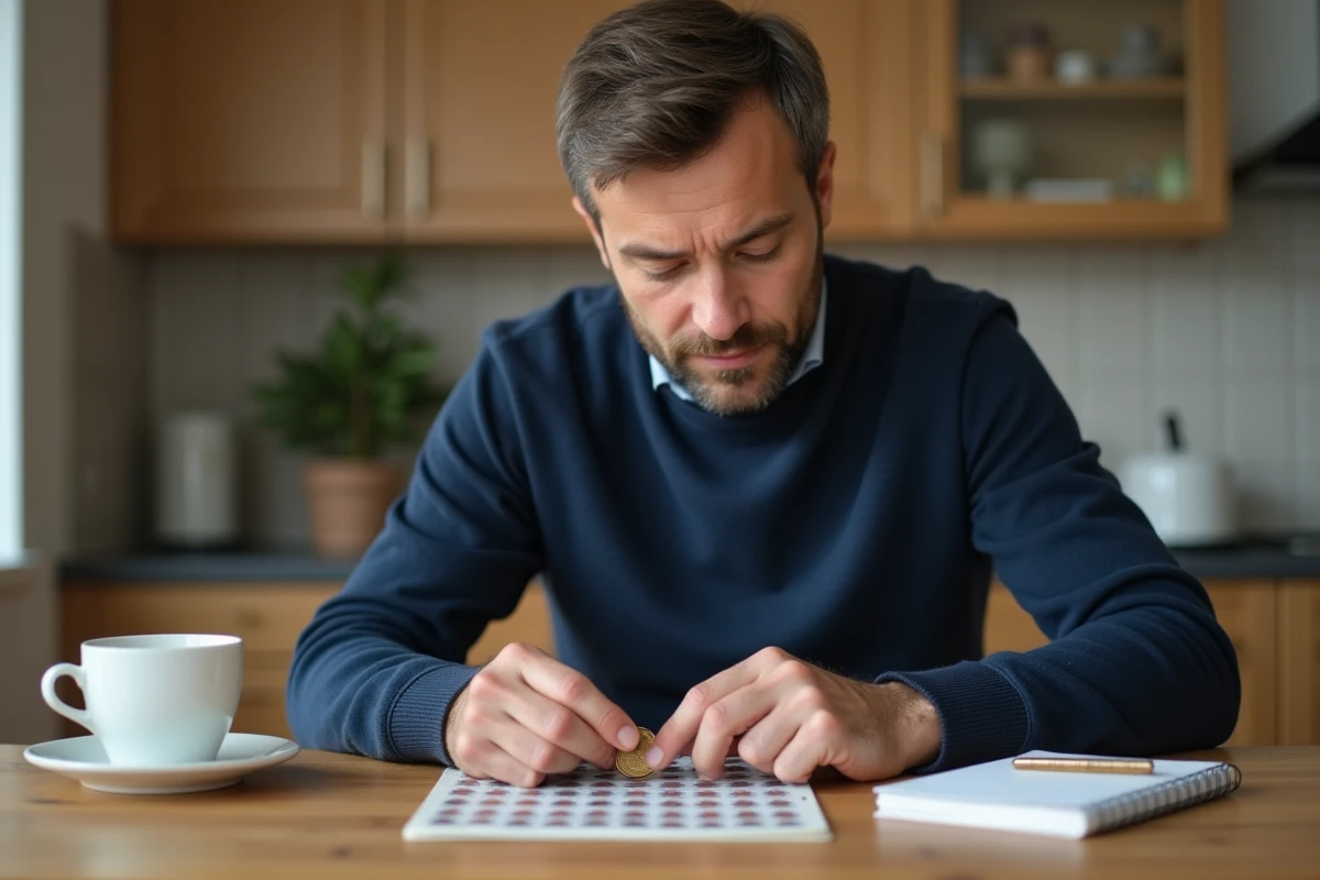 Homme adulte grattant un ticket FDJ à gratter sur une table en bois avec un carnet de notes et un café, stratégie de jeu réfléchie