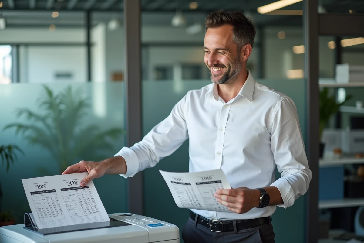 Homme récupère un calendrier 2026 imprimé dans un bureau professionnel