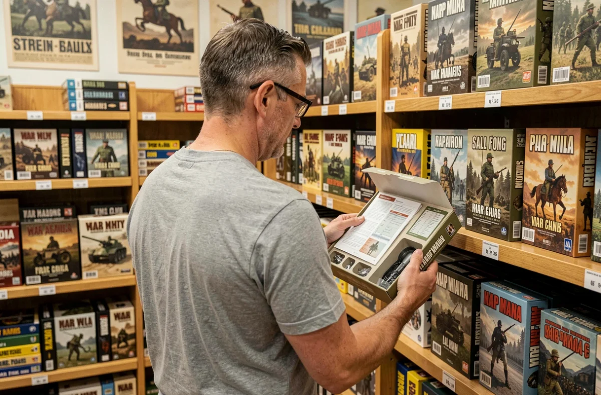 Homme adulte explorant des jeux de guerre et de stratégie historiques dans un magasin spécialisé en jeux de société
