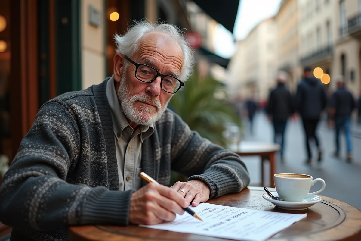 Homme âgé lisant français dans un café en ville