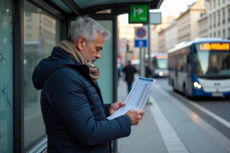 Homme d'âge moyen vérifiant un plan bus lyonnais à l'arrêt