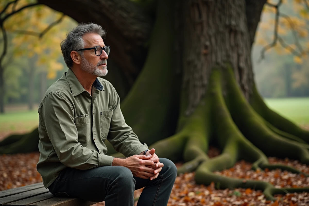 Homme méditatif assis sous un chêne en forêt, symbolisant la liberté intérieure selon Emerson