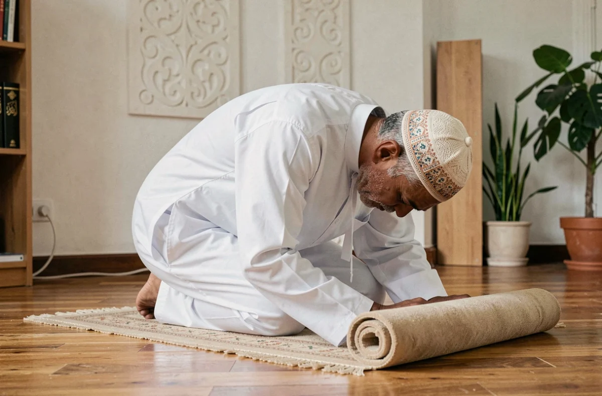 Homme musulman en djellaba blanche en position de prière sur un tapis de prière dans un appartement à Nantes