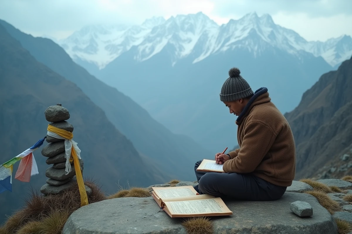 Jeune homme népalais écrivant dans un journal entouré de manuscrits au sommet d'un col himalayien, évoquant la quête spirituelle de Shamballa