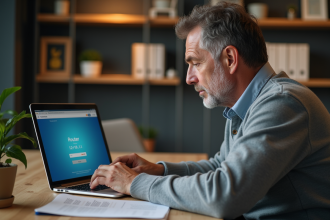 Homme concentré sur un ordinateur avec un routeur wifi