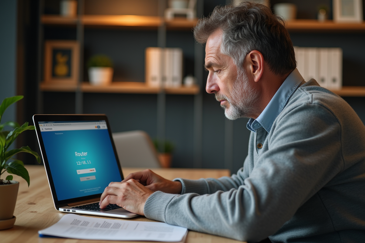 Homme concentré sur un ordinateur avec un routeur wifi