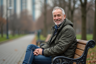 Homme d'âge moyen assis sur un banc dans un parc en automne