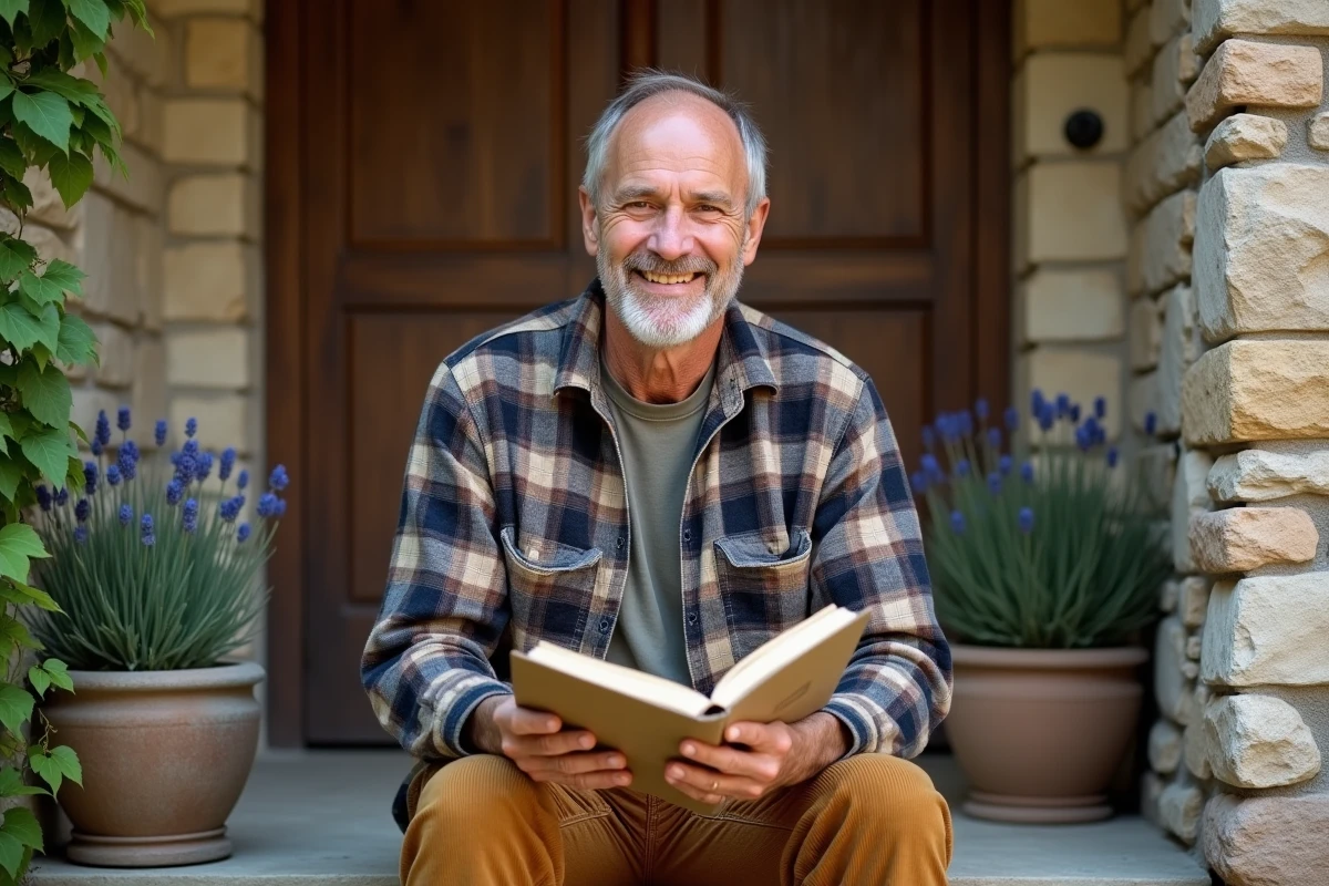 Homme souriant assis sur le perron d'une maison en pierre provençale feuilletant un carnet de paroles régionales de La maison de ma tante