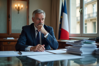 Homme en costume navy dans un bureau parisien élégant