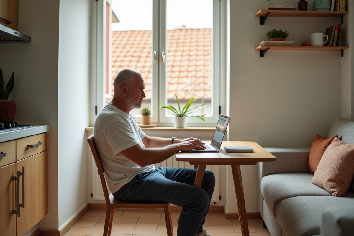 Homme recherchant des locations dans un appartement lumineux