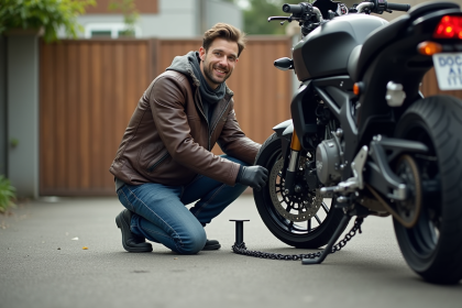 Homme sécurisant sa moto avec ancrage en ville