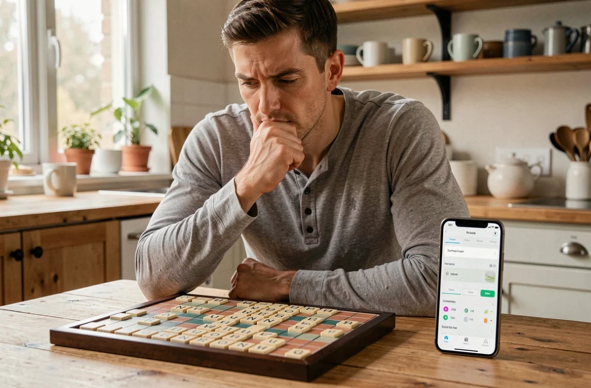 Homme utilisant une application solveur de mots sur smartphone à côté d'un plateau de Scrabble