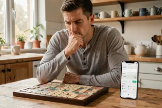 Homme utilisant une application solveur de mots sur smartphone à côté d'un plateau de Scrabble