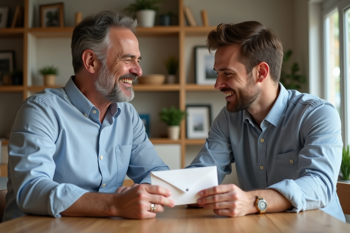 Homme d'âge moyen donnant une enveloppe à son fils souriant