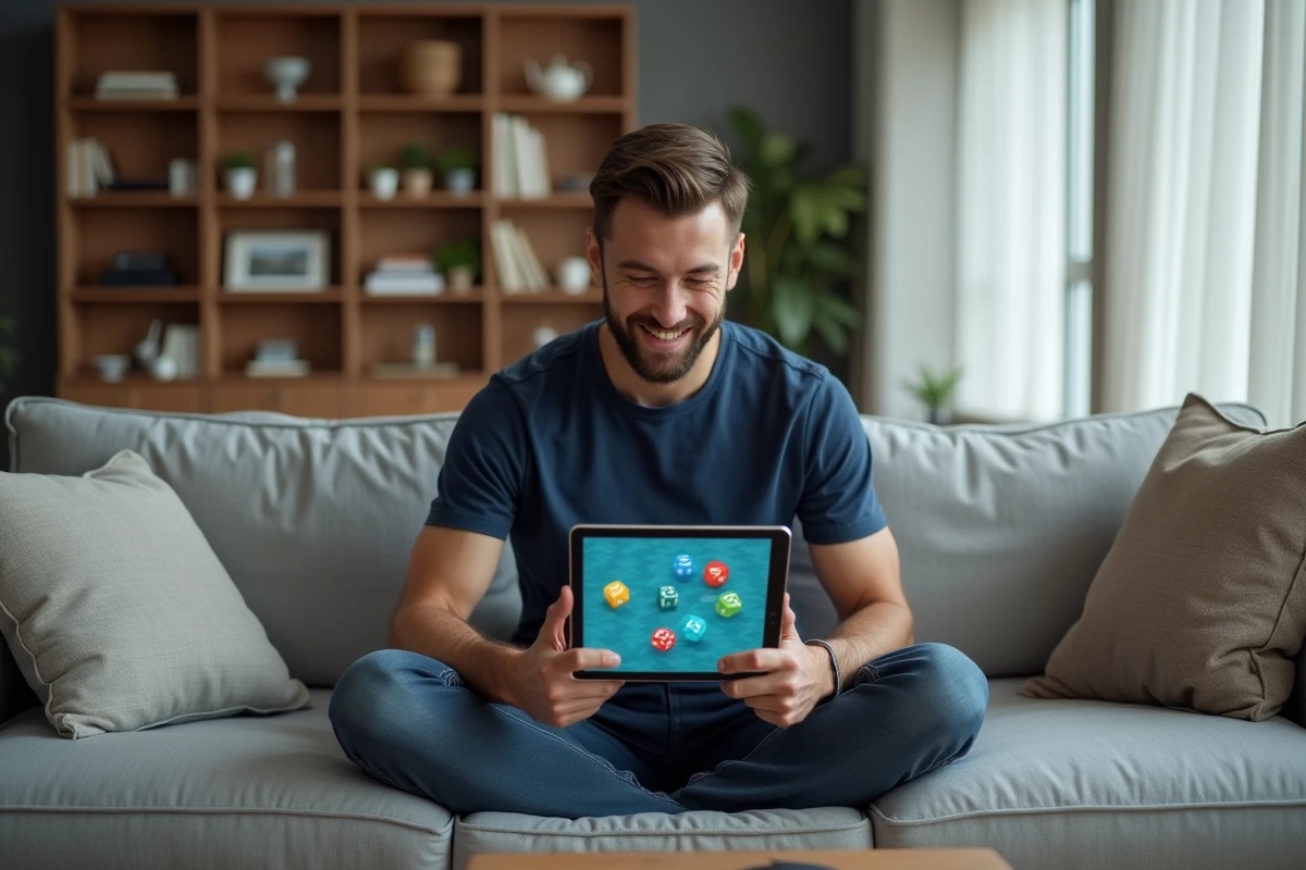 Homme concentré sur sa tablette jouant à Monopoly GO et consultant des astuces pour doubler ses récompenses