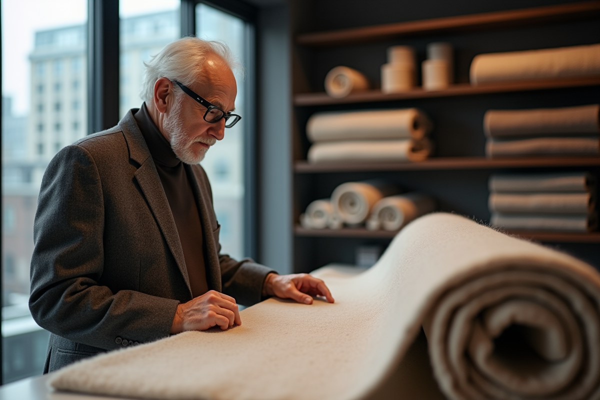 Homme âgé examine des tissus haut de gamme dans un showroom moderne
