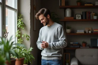 Homme timide regardant par la fenêtre dans un intérieur cozy