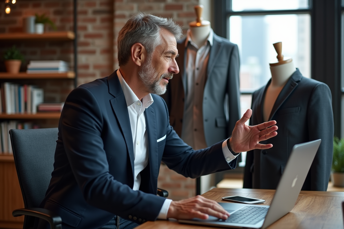 Homme d age moyen analyse un vêtement sur son ordinateur dans un loft
