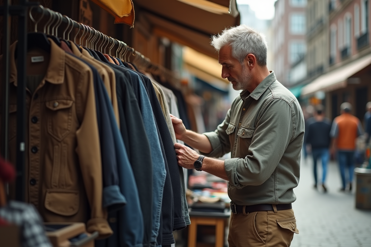 Homme examinant un vetement dans un marche urbain