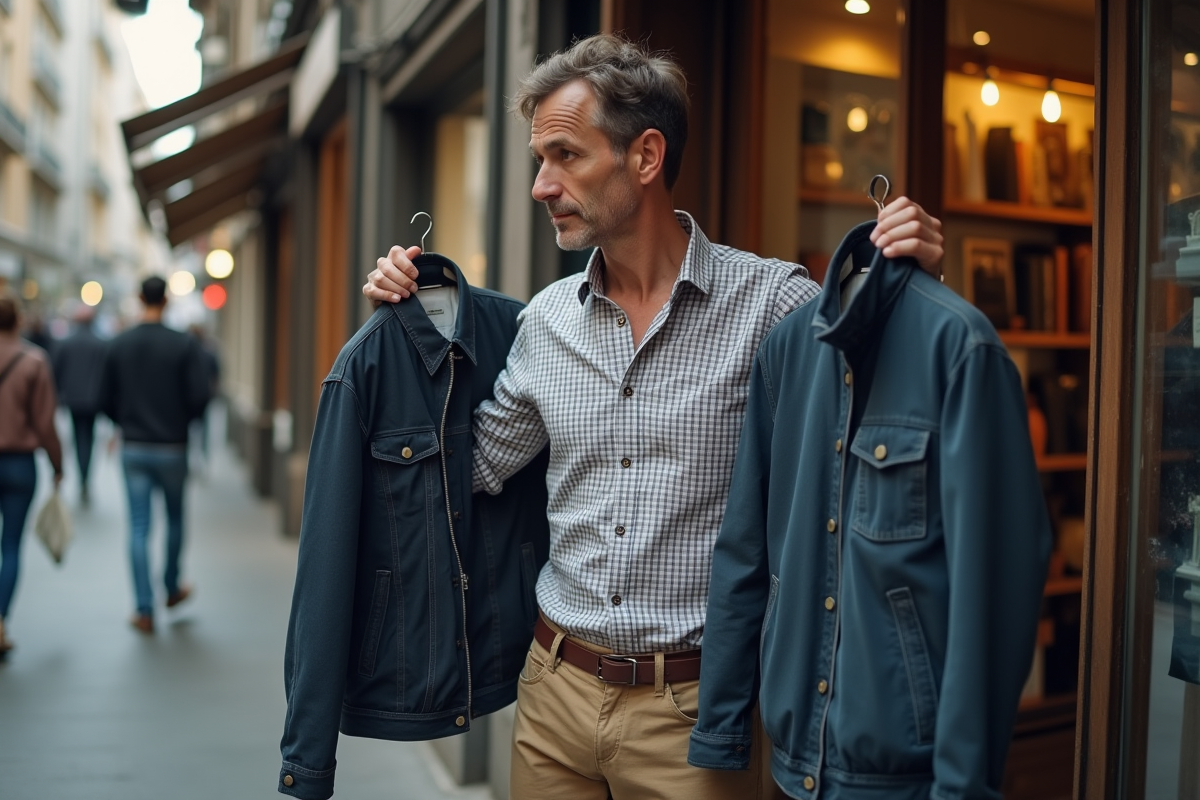 Homme comparant deux vestes devant un magasin de seconde main
