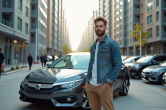 Homme en denim et khakis devant sa voiture en ville