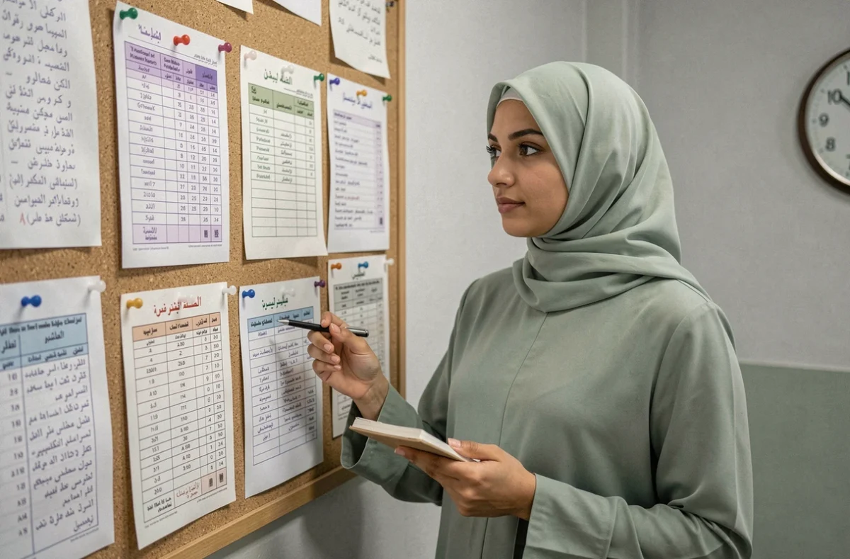 Jeune femme consultant les horaires de prière affichés dans un centre culturel islamique à Argenteuil