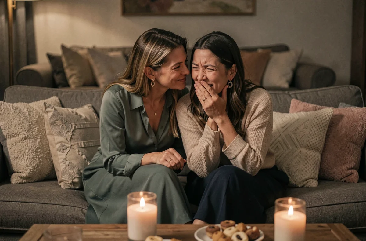 Deux femmes sur un canapé en soirée, l'une chuchotant une blague d'humour noir à l'autre qui réagit avec un rire gêné